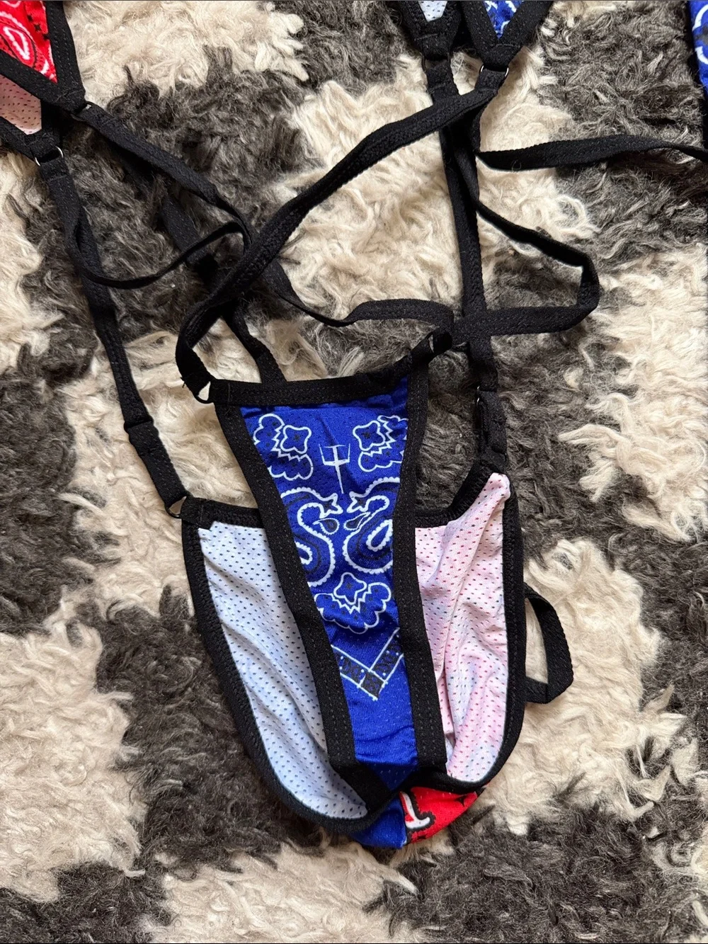 NWT Bandana Split Crop Harness Bodysuit & Arm Sleeves Set - Red & Blue